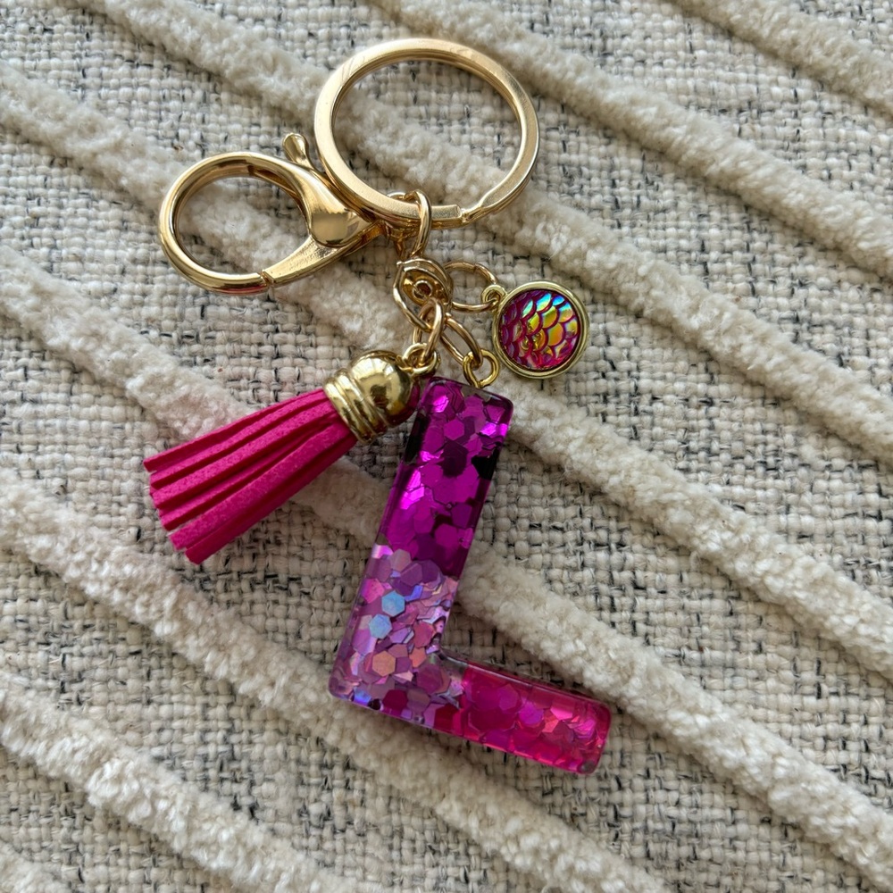 Pink Monogram Letter L Sequin Keychain w/ Tassle NWOT Charm
